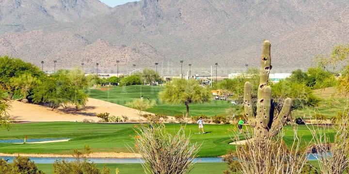 Scenic golf course picture with mountains