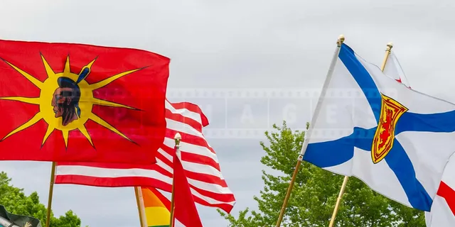 Micmaq red and yellow flag at annual pow wow in Nova Scotia