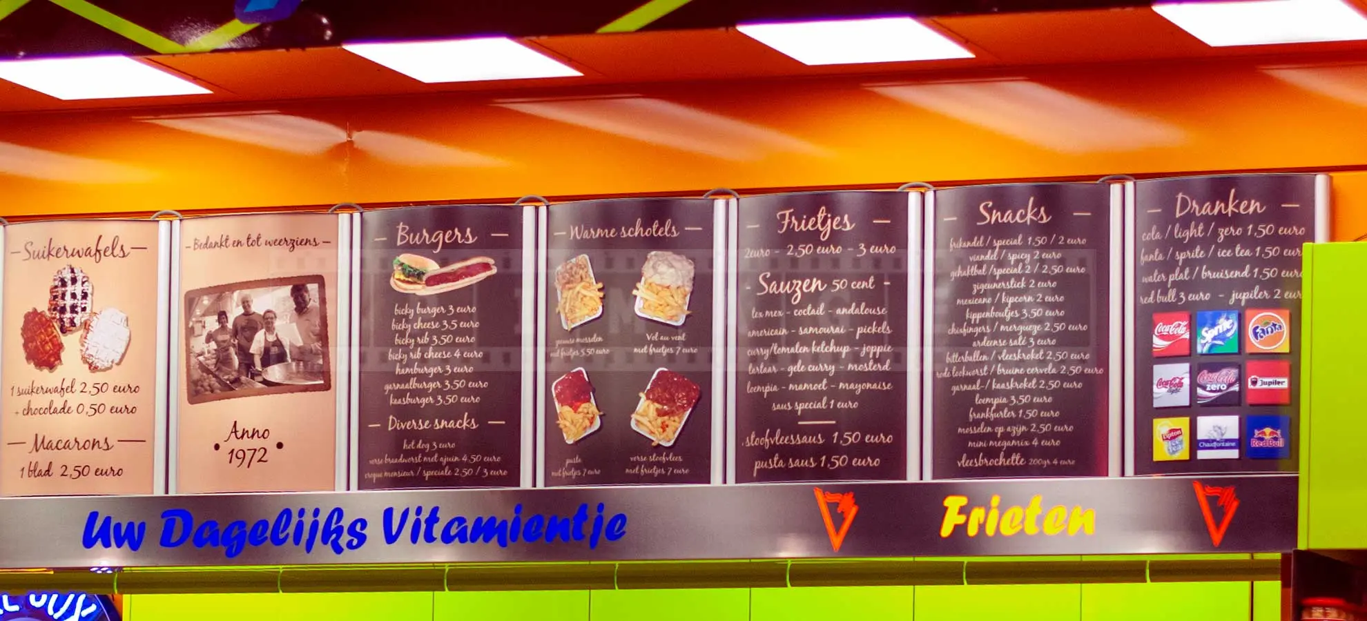 display of menu at a street fod vendor in Bruges, Belgium
