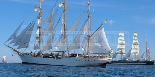 sailing ships Sagres, Kruzenstern and Europa at the start of tall ships race in Halifax