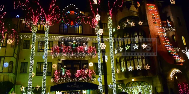 The Mission Inn entrance with decorations for Festival of Lights