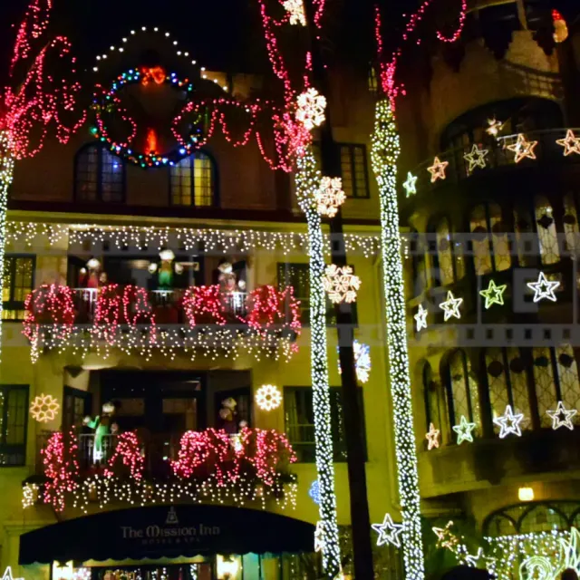 The Mission Inn entrance with decorations for Festival of Lights