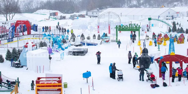 snow covered grounds of Quebec bonhomme winterland festival