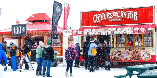 Line ups in winter to street food kiosks - barbecue and beaver tails