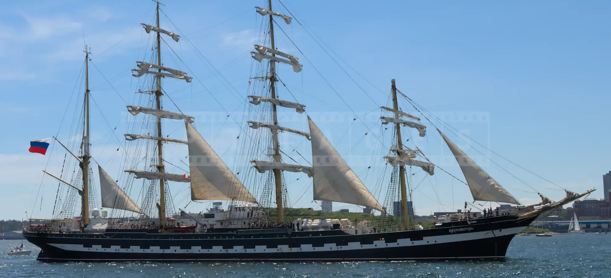 tall ship Barque Kruzenstern sailing by Georges Island in Halifax