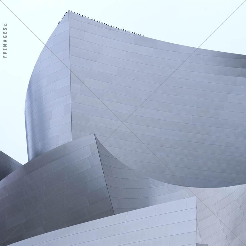 Stainless Steel Exterior of Walt Disney concert hall, birds perched up