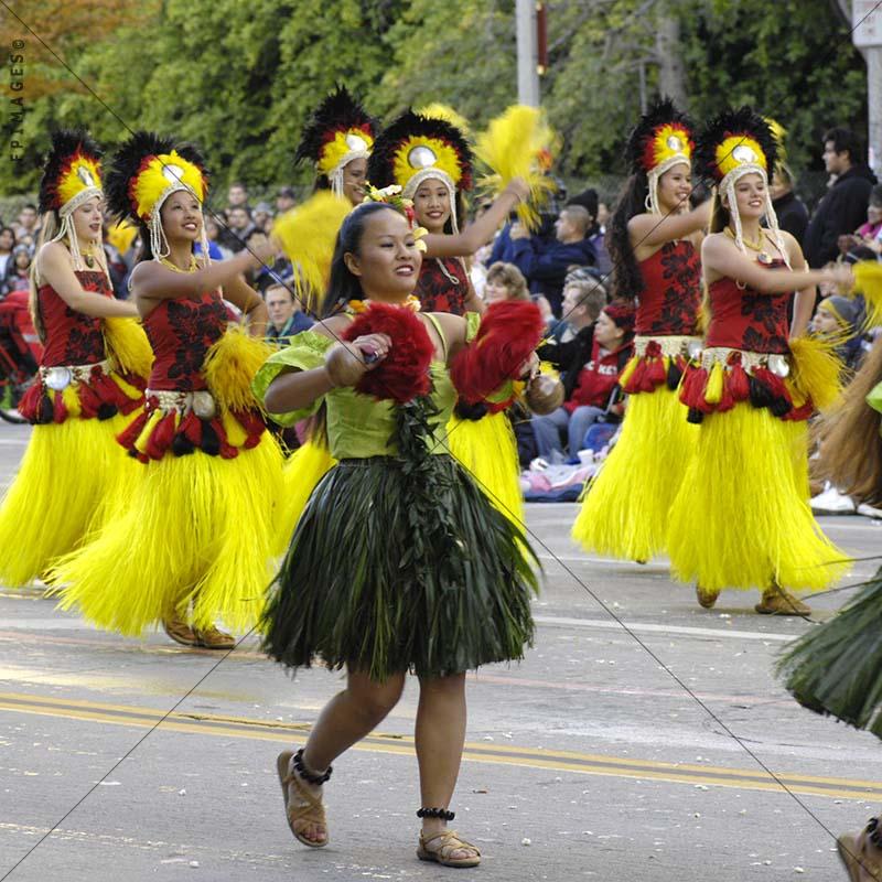 Marching ladies in hawaiian hula pau skirts