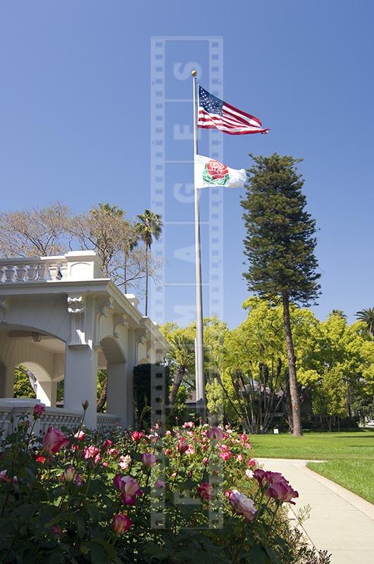 USA and Rose Parade Flags by the Wrigley House