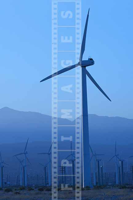  single modern wind turbine, California desert blue industrial landscape