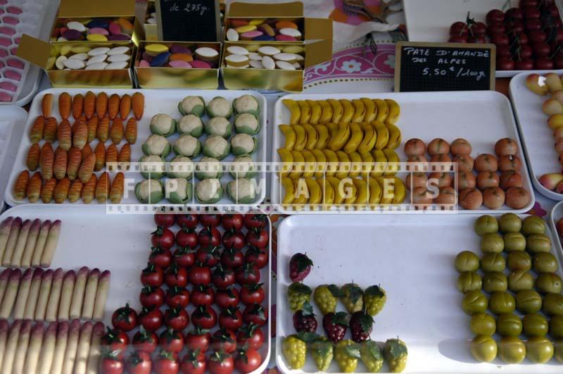 Imitation tomatoes, grapes, apples, cabbage, carrots made from marzipan