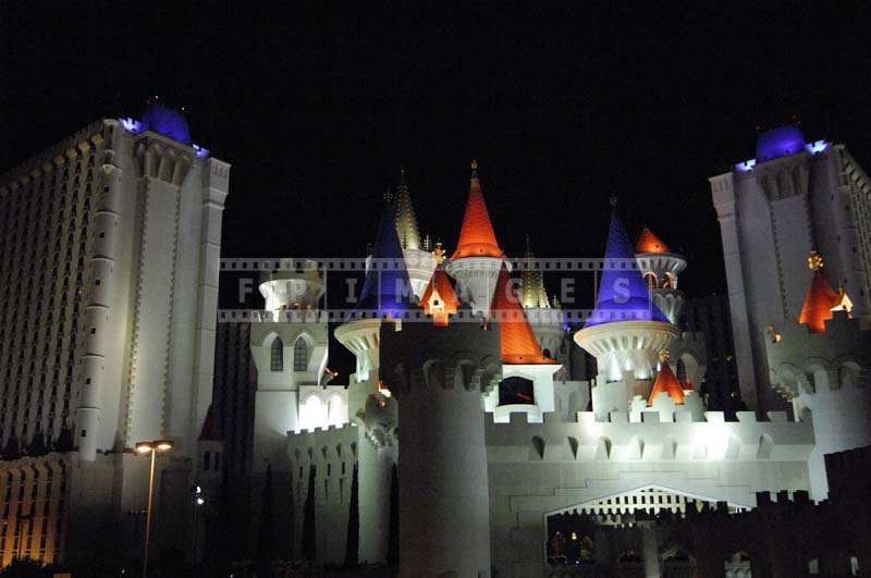 Colorful Lights Excalibur Towers at night