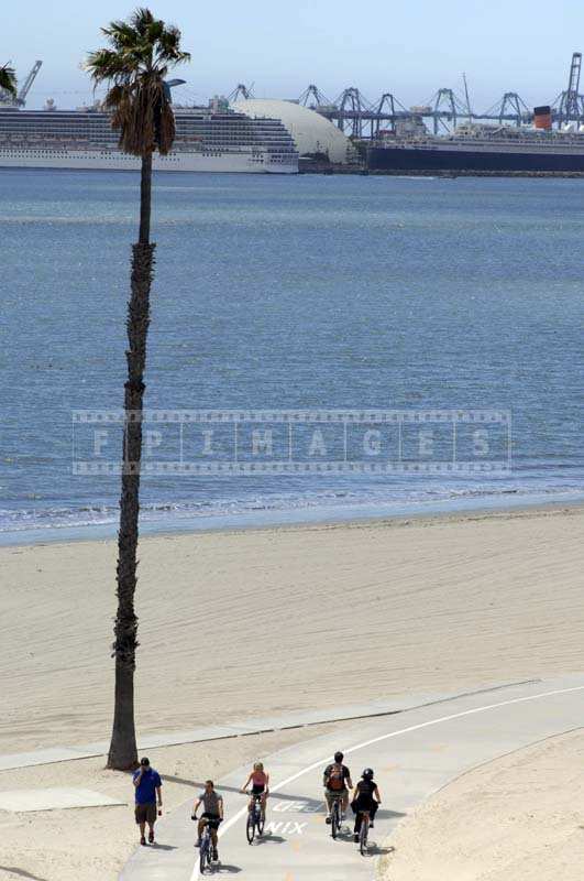 Exercise path by the beach and cruise docks in the distance