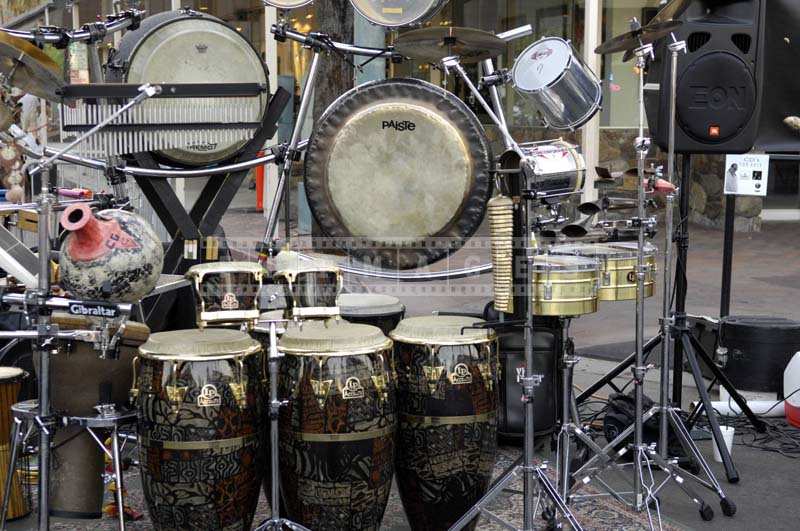 Drummers gear during street performance