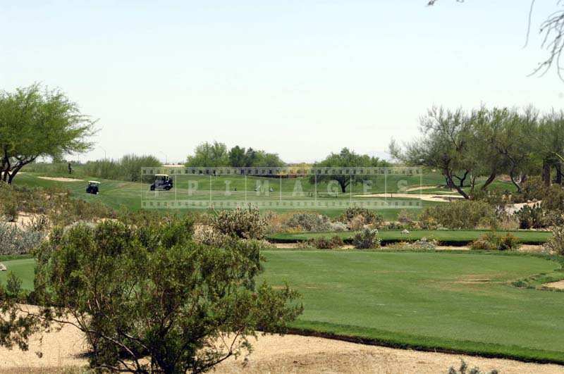 Golf carts in the fairway and desert landscape