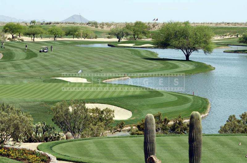 Manicured golf greens and faiways, bunkers and water hazards