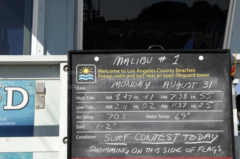 info board lifeguard station showing current conditions at Malibu beach