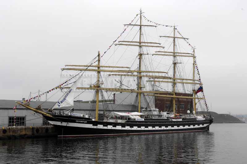 Foggy day in Halifax and Kruzenstern moored by peer 21