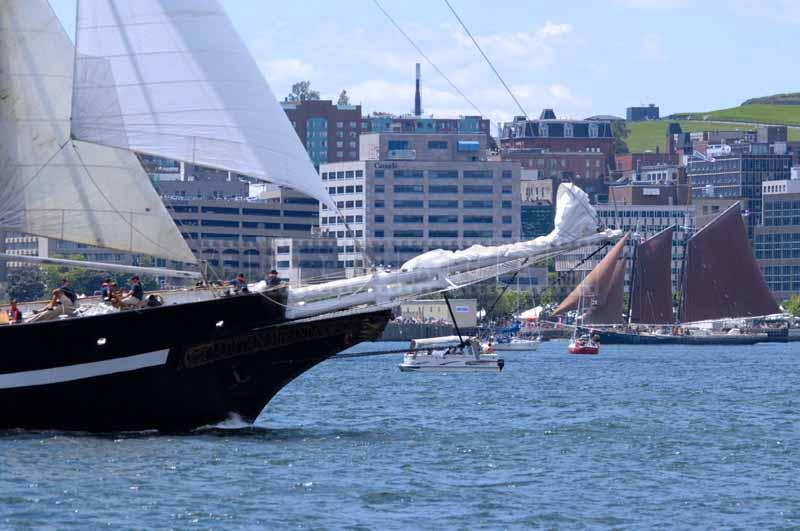 Capitan Miranda bow and red sails of Schooner Roseway, Tall ships Halifax 2009