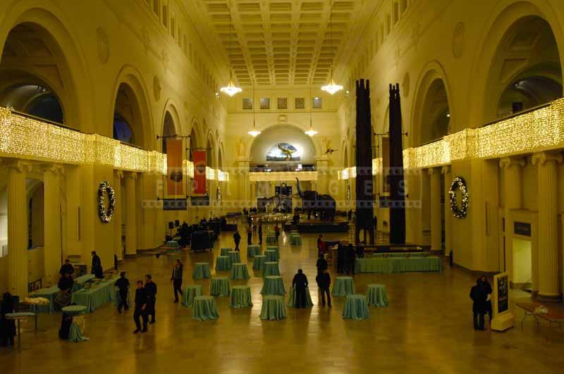 Christmas decorations at Field Museum main hall