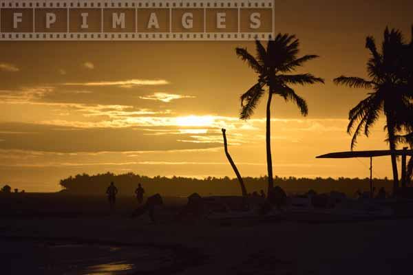 Shilouettes of joggers and palm trees at sunrise