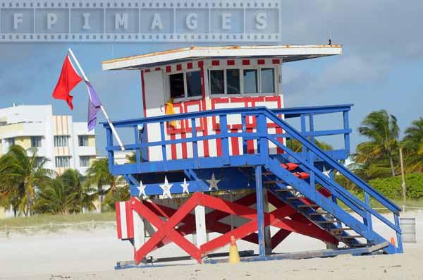 Red, white and blue beach hut with stars