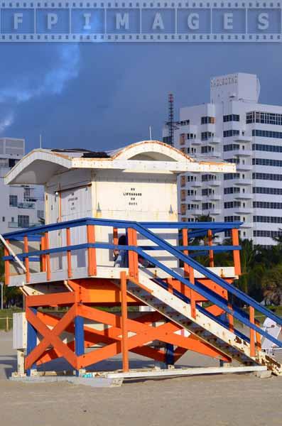 art deco lifeguard station colored in white, blue and orange