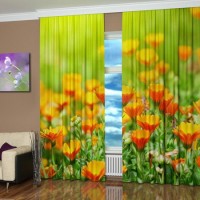 window decorated with a digital print, orange flowers on green background