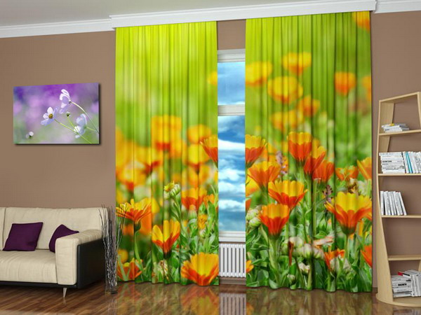 window decorated with a digital print, orange flowers on green background