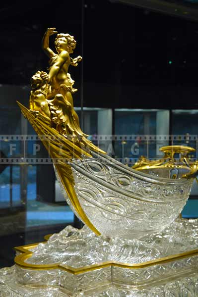 Crystal glass boat vase with golden accent, glass artworks