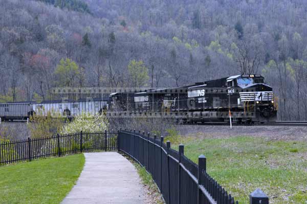 Norfolk Southern railway double locomotive with coal freight train, industrial images