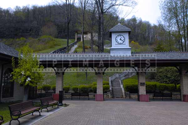 Courtyard in front of stairs leading to the train tracks