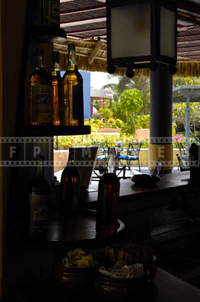 Deep shade provided by thatched roof, tiki bar