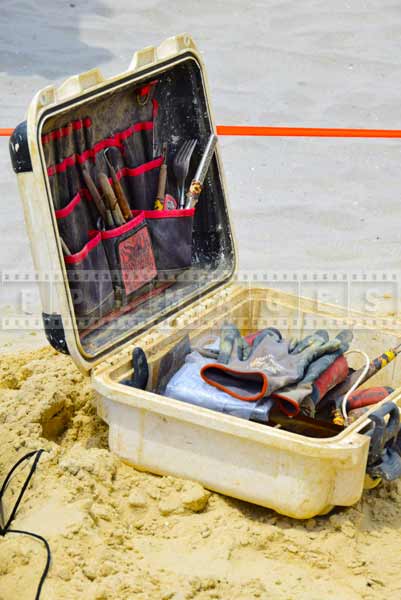 Toolbox with sand sculpture tools often include forks and spoons