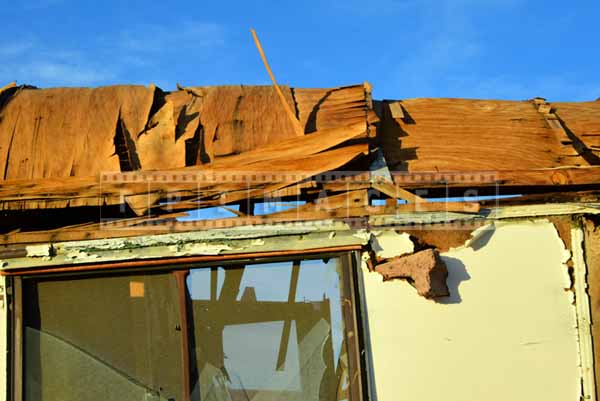 Blue skies above the falling apart structure, abstract art