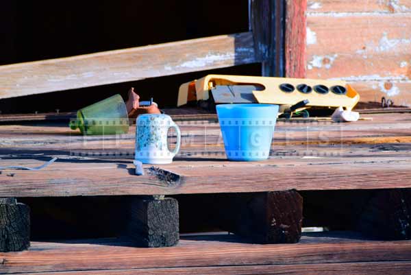 Details of a table with knife, fork and cups, meal that stretched forever, abstract images