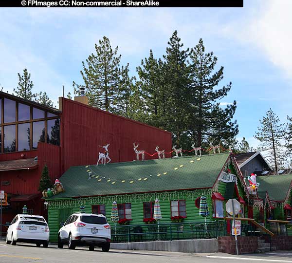 Christmas decorations at Evergreen cafe exterior