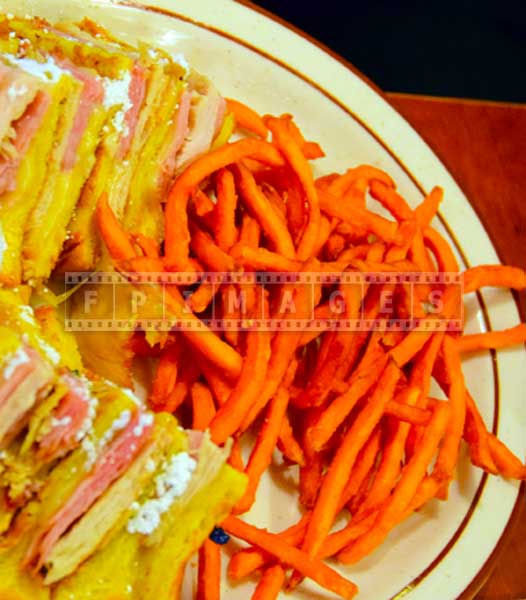 Sweet potato fries and club sandwich, food pictures