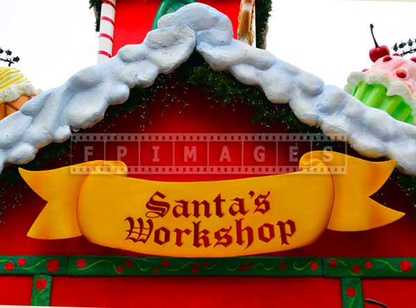 Santa's Workshop sign, holiday decorations