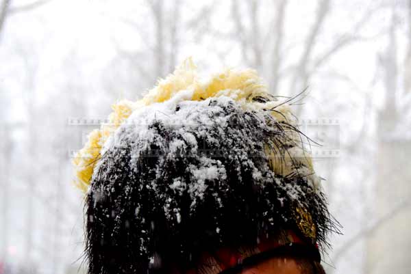 Snow on a bearskin cap, winter pictures