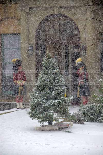 Soldiers standing on guard during winter snow squall