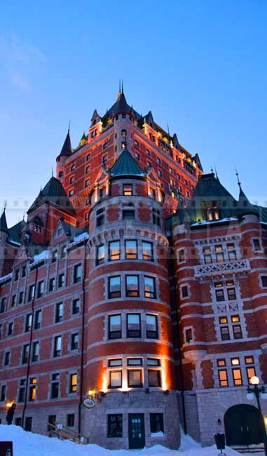 Low angle view of the towering Chateau Frontenac