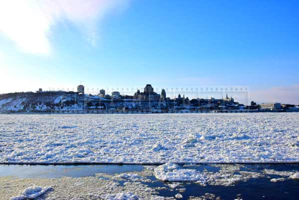 View from Levis at Quebec and St Lawrence river covered with ice