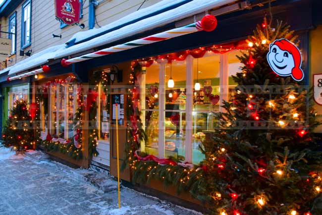 Chocolate shop with outdoor Christmas decorations