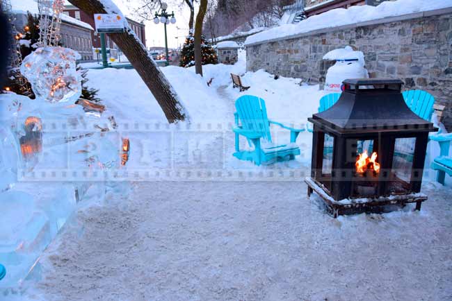 Ice sculpture near rest area with the fireplace