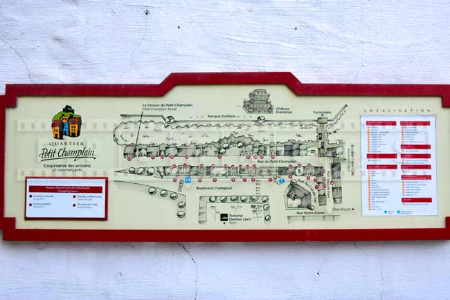 Old Quebec map of Petit Champlain quarter, most romantic street