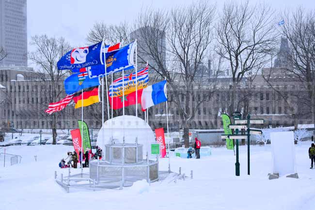 Colorful flags in Quebec city winter park