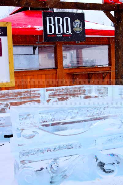 Outdoor bbq grill and ice bar, Quebec winter street food