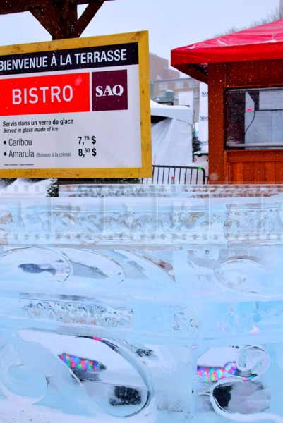 Quebec French bistro and a bar stand from ice offering drinks from ice glass