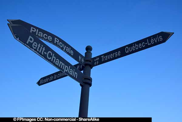 Street sgin in downtown Quebec City with attractions