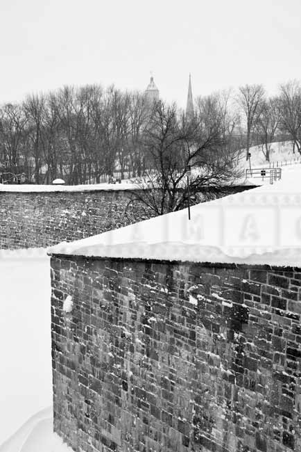 Quebec Citadel old walls and church spires, Quebec winter cityscape